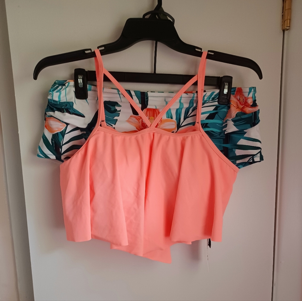 Neon Peach Swim Top And Tropical Print Bottoms